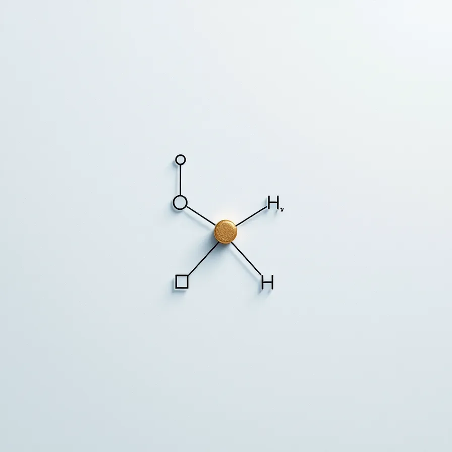 Minimalist charcoal line-art square-planar copper coordination diagram with a single gold-copper center node on a cool-white ground